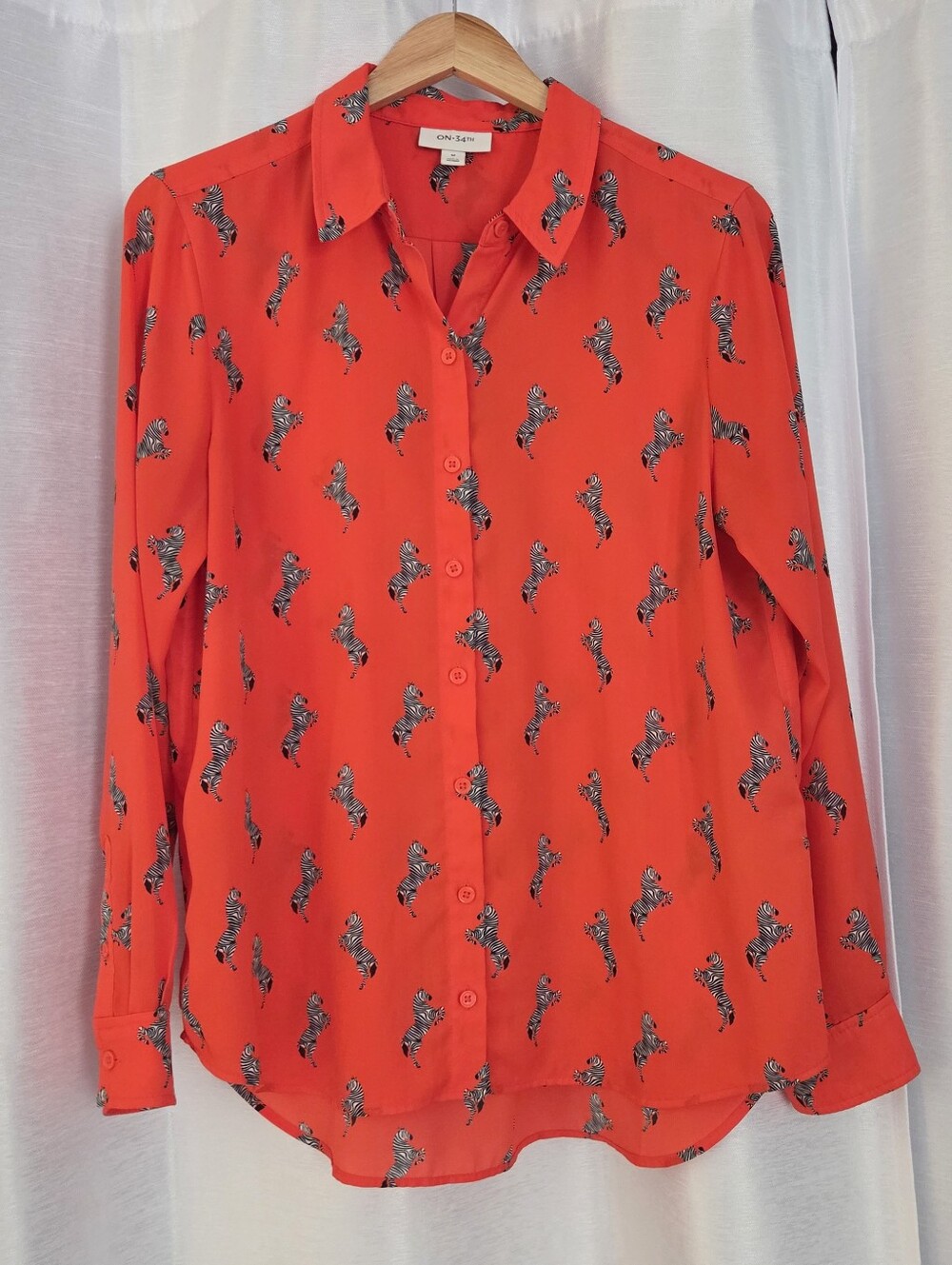 On 34th Bright Orange Semi-Sheer Button Down Zebra Print